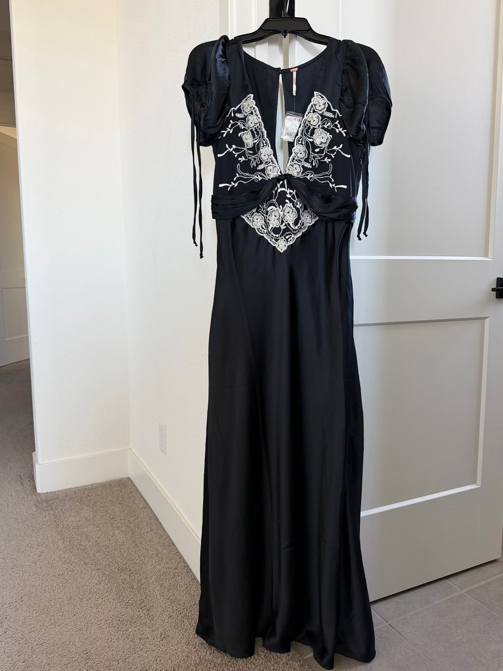 Free People Cooper Black Maxi Dress with White Floral Embroidery